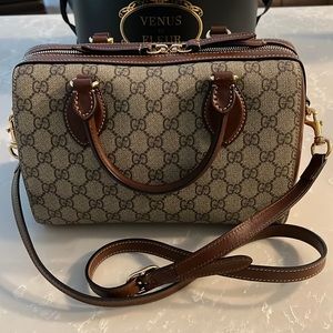 Gucci Tan Canvas GG Leather Boston Handbag